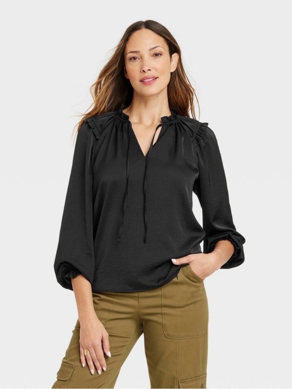 Knox Rose Black Tie-Neck Ruffle Shoulder Blouse
